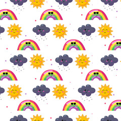 Cute seamless pattern rainbow, sun and rainy design background