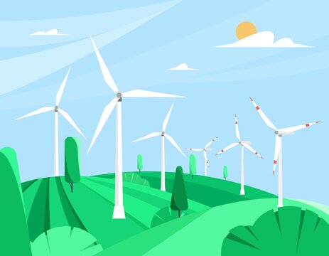 Wind turbines on landscape countryside background, renewable energy concept. Vector illustration in flat style