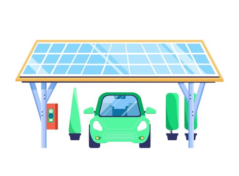 Solar car port, sheltered place with integrated charging point for electric vehicles, solar panels. Green renewable energy concept. Isolated vector illustration in flat style, front and side view