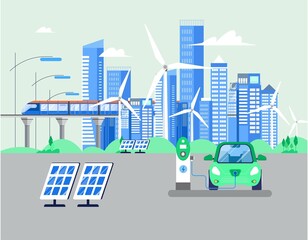 Modern cityscape, skyscrapers, bridge with riding train, wind energy turbine, electro car, solar panels. Vector illustration in flat style. Renewable energy concept