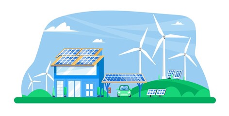 House using green renewable energy, solar panels, wind turbines, shelter spot and garage for electro car and charger. Vector illustration in flat style.