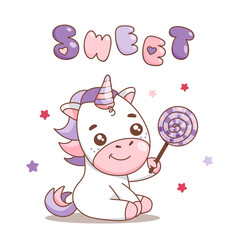 Cute baby unicorn with lollipop