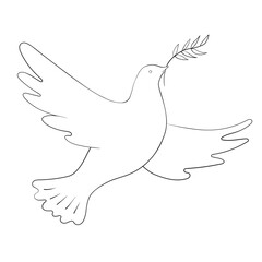 Flying peace dove with olive branch. Lineart pigeon graphics vector symbol illustration.