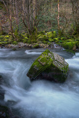 Large limestone rock in the middle of a fast flowing stream