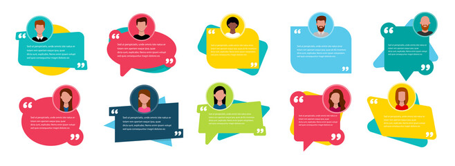 Testimonial Speech bubble concept, customer feedback for info graphic, application and website. Creative testimonials template with different shapes. Vector illustration.