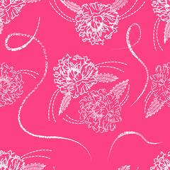 Seamless pattern with embroidered peonies on a pink background, retro floral embroidery 
