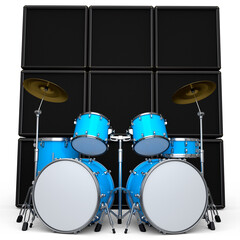 Set of realistic drums with metal cymbals or drumset and amplifier on white