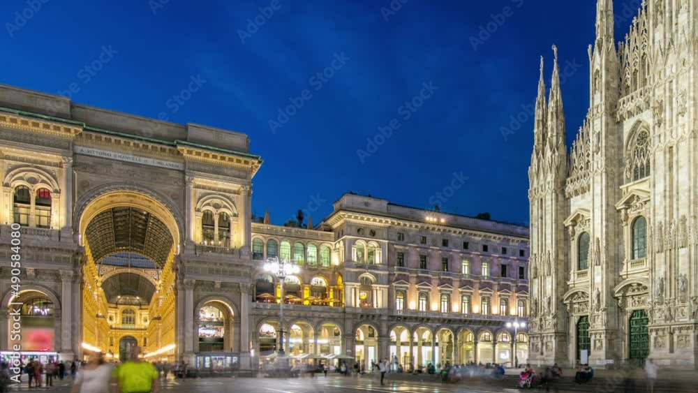 Wall mural cathedral duomo di milano and vittorio emanuele gallery day to night timelapse in square piazza duom