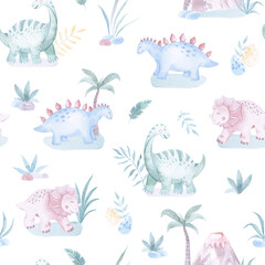 Baby Dinosaurs watercolor seamless pattern illustration with cute animals for nursery and baby shower. Elements on white. For children's background, print fabric, Children's design, wallpaper, textile