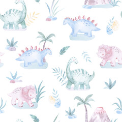 Obraz premium Baby Dinosaurs watercolor seamless pattern illustration with cute animals for nursery and baby shower. Elements on white. For children's background, print fabric, Children's design, wallpaper, textile