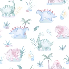  Baby Dinosaurs watercolor seamless pattern illustration with cute animals for nursery and baby shower. Elements on white. For children's background, print fabric, Children's design, wallpaper, textile © NastiyaMaki