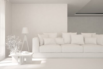 White minimalist living room with sofa. Scandinavian interior design. 3D illustration