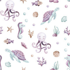 Watercolor kids seamless pattern. Watercolor jellyfish, sea-horse, coral illustrations. marine animals. For t-shirt print, wear design, baby shower, kids cards, linens, wallpaper, textile, fabric.