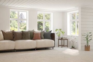 Minimalist living room in white color with sofa and summer landscape in window. Scandinavian interior design. 3D illustration