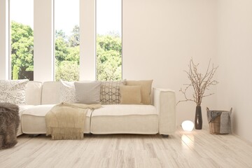 White living room with sofa and summer landscape in window. Scandinavian interior design. 3D illustration