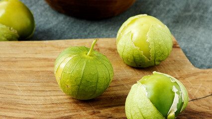 Tomatillo Mexican husk tomato fresh green fruits. Own organic fruits.