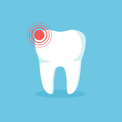 Sick tooth. Destroy of teeth. Dental health concept. Vector illustration isolated on blue background.