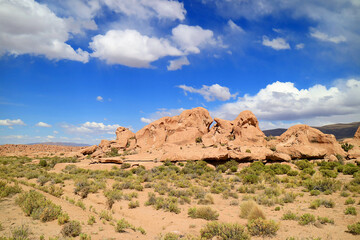 Fototapeta na wymiar Amazing Rock Formations along the Road in Siloli Desert, Bolivian Altiplano, Potosi Department, Bolivia