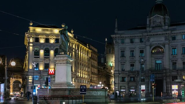 Cordusio Square and Dante street with surrounding palaces, houses and buildings day to night timelapse