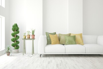 Fototapeta premium White living room with sofa. Scandinavian interior design. 3D illustration