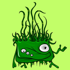 Fototapeta premium funny cartoon creature of green color covered with grass hair