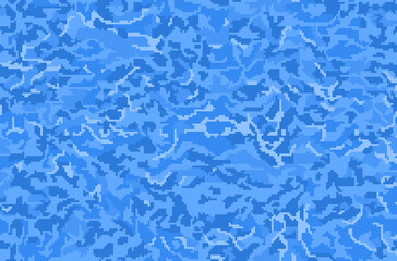 Water blue seamless background in top view. Pixel platformers art texture of water surface with waves and reflections, aquatic environment wallpaper, 8 bit game swimming pool. Vector illustration