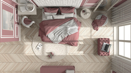 Classic bedroom in red tones with modern furniture, parquet, velvet double bed, side tables, chair and pouf, mirror and carpet. Top view, plan, above. Interior design idea