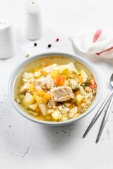 Pork vegetable stew. Top view, copy space, flat lay.
