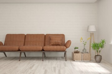 White living room with sofa. Scandinavian interior design. 3D illustration