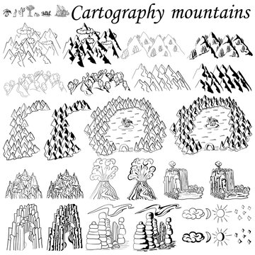 Cartography. The mountains. Elements for creating maps fantasy or games. Sea, ocean and mountains with forests, hills. Black and white hand drawn set.