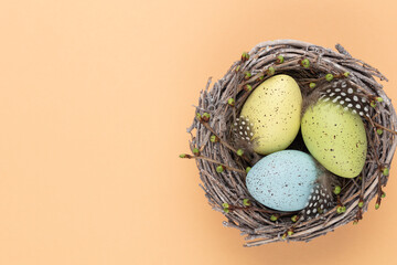 Easter eggs in the nest. Spring greeting card.