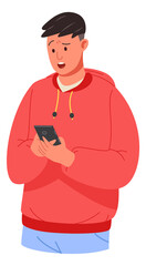 Young man looking at phone screen with emotional face expression