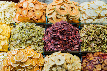 Variety of dried fruits at Egyptian Bazaar. Close up of various of dried fruits include papaya, guava, kiwi, pineapple, strawberry, apple, mango at the Istanbul Spice Bazaar