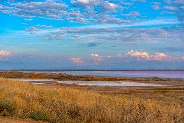 Obraz premium Sasyk Sivash salt lake with pink water.