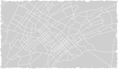 Fragment of the paper city map. Piece of town streets, line drawing. Downtown navigation plan. Abstract scheme town, white line road on gray background. Urban texture. Vector background