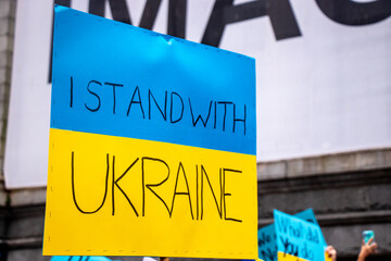 View of sign I stand with Ukraine during the rally against invasion of Ukraine in front of...