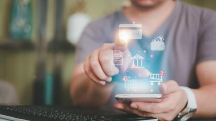 Digital marketing, Businessman using tablet analysis economy finance and sale data growth on interface icons, Banking, Finance, Business Strategy on global business network connection 