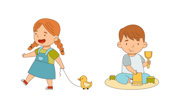 Kids playing with toys together set cartoon vector illustration on white background