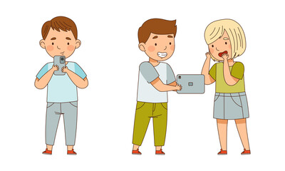 Cute children using smartphones set. Kids playing gadgets cartoon vector illustration