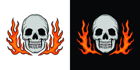 skull illustration with fire for tshirt design, tattoo, sticker, poster etc