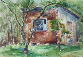 House in forest nature.  Watercolor house and tree landscape background.  Large house hand-painted watercolor drawing. Private property, buying and selling real estate, cottage in the village. 