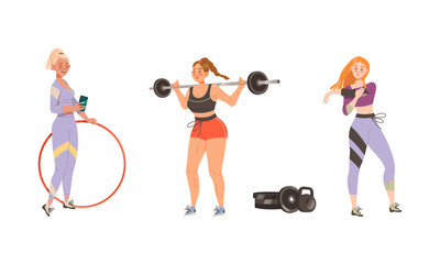 Women doing different sport exercises set. Girls training with hula hoop and barbell cartoon vector illustration