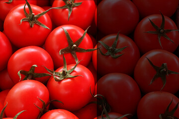 Freshly picked tomatoes from the vine. Red tomato background. Tomato photo designed for banner. selective focus