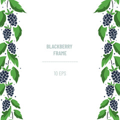 Vertical border composition with blackberries on foliate twigs; perfect for greeting cards, posters, banners, invitations and other design. Vector illustration. - 490593412