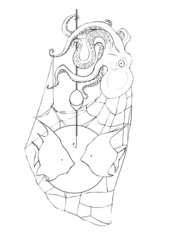 Logo marine concept for seafood  restaurant menu design. octopus, fish, a net and a buoy.
linear drawing of animals in the composition.
children's coloring book. sea ​​creatures 
black ink drawing