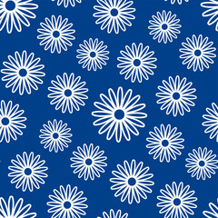Beautiful white contour linear flowers isolated on a blue background. Cute monochrome floral seamless pattern. Vector simple flat graphic illustration. Texture.