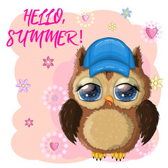 Owl cute cartoon character in holiday concept. In a hat, in a cap, in hula colors, a dancer in Hawaii