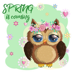 Cute Cartoon Owl on a meadow with flowers and butterflies