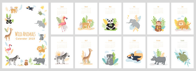 Calendar 2023 with cute wild baby animals. Set of 12 month vector illustrations, zoo characters in cartoon style. Jungle leaves, plants isolated on white background. Cover and pages design concept