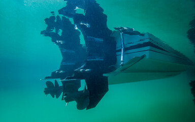 Twin Outboard Propellers of a Speed Boat Underwater in Dublin Bay